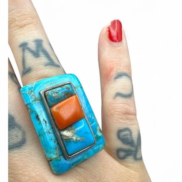 Vintage Signed Larry Castillo Style Navajo Turquoise Coral Ring size 7 3/4